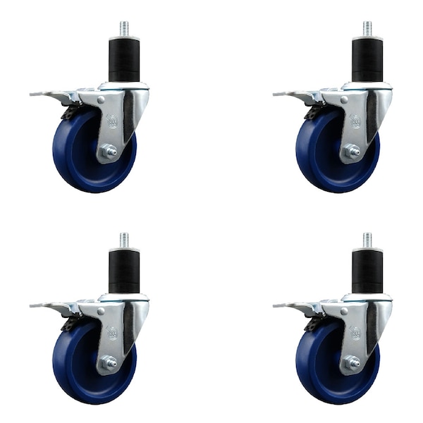 4'' Solid Poly Swivel 1-3/4'' Expanding Stem Caster Set Total Lock Brake, 4PK